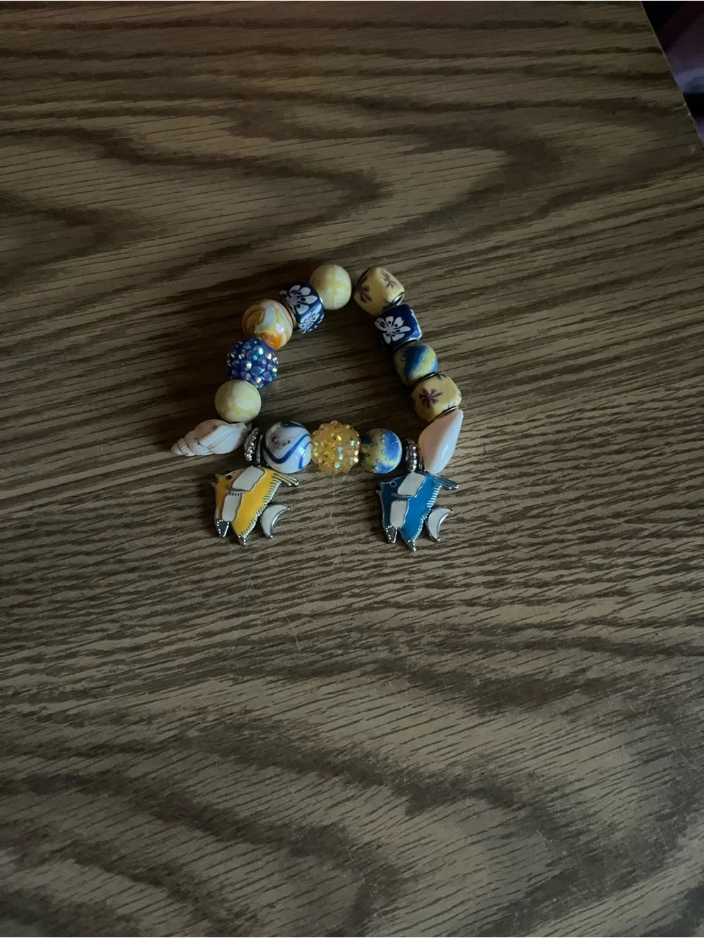 Fish Charm Bracelet with Different Blue and Yellow Beads